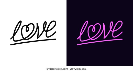 Outline love lettering icon, with editable stroke. Love word with heart, linear calligraphic text. Love italic script, handwriting inscription, romantic cursive writing, amour calligraphy. Vector icon