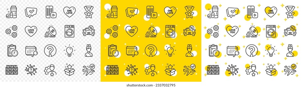 Outline Love you, One love and Confirmed flight line icons pack for web with Gears, Washing machine, Brand line icon. Doctor, Boxes shelf, Artificial intelligence pictogram icon. Vector