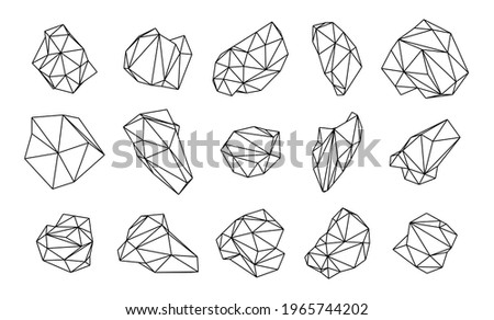 Outline low poly vector stones set. Modern polygonal mesh design elements