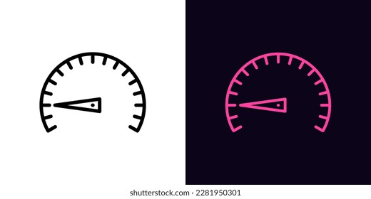 Outline low speed icon, with editable stroke. Speedometer with scale and arrow, slow velocity and low efficiency pictogram. Speed test and indicator, minimal level, bad output capacity. Vector icon svg