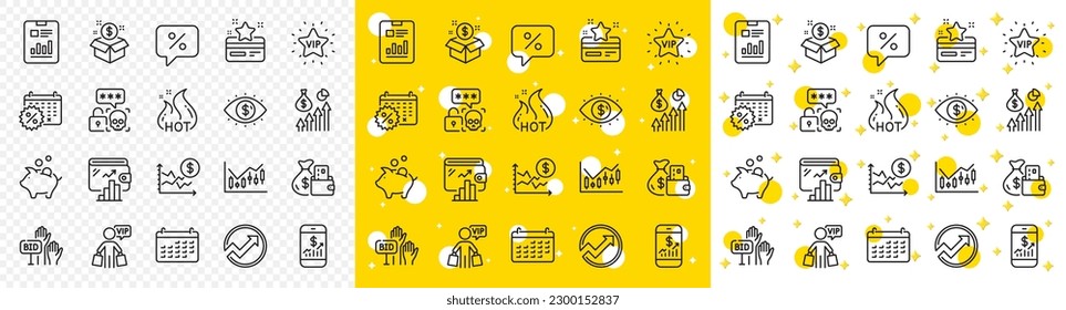 Outline Loyalty card, Piggy bank and Post package line icons pack for web with Financial diagram, Vip shopping, Cyber attack line icon. Wallet, Audit, Hot sale pictogram icon. Vector