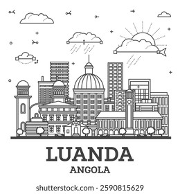 Outline Luanda Angola city skyline with modern and historic buildings isolated on white. Vector illustration. Luanda cityscape with landmarks.