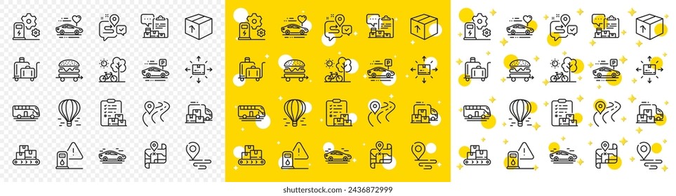 Contorno de carro de equipaje, informe de inventario y paquete de iconos de línea de mercancías al por mayor para la web con estación de carga, paquete, icono de línea de viaje de luna de miel. Lugar, coche, icono de pictograma de informe de entrega. Vector