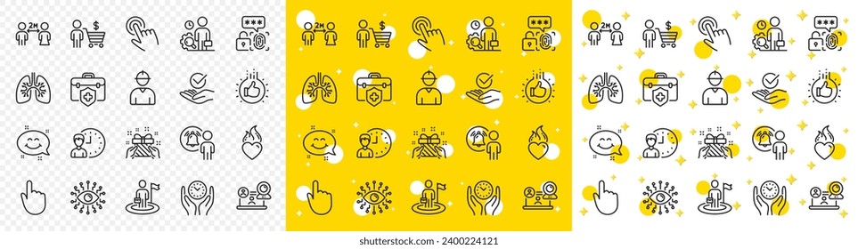 Esbozo Pulmones, Ingeniero e Iconos de la línea de seguridad biométrica empacan para web con Comprador, Pulso de mano, Icono de la línea de videoconferencia. Chat sonrisa, notificación de usuario, icono del pictograma de liderazgo. Vector