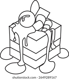outline A luxurious dessert with layers of cream, chocolate sprinkles, and decorative candies.
