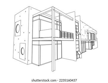 Outline of a luxury two-story cottage from black lines isolated on a white background. Perspective view. 3D. Vector illustration.