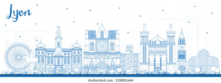 Outline Lyon France City Skyline with Blue Buildings. Vector Illustration. Business Travel and Concept with Historic Architecture. Lyon Cityscape with Landmarks