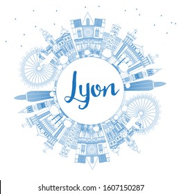 Outline Lyon France City Skyline with Blue Buildings and Copy Space. Vector Illustration. Business Travel and Tourism Concept with Historic Architecture. Lyon Cityscape with Landmarks.