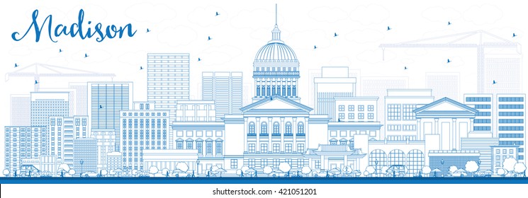 Outline Madison Skyline with Blue Buildings. Vector Illustration. Business Travel and Tourism Concept with Modern Buildings. Image for Presentation Banner Placard and Web Site.