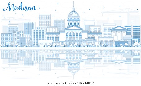Outline Madison Skyline with Blue Buildings and Reflections. Vector Illustration. Business Travel and Tourism Concept with Modern Buildings. Image for Presentation Banner Placard and Web Site.