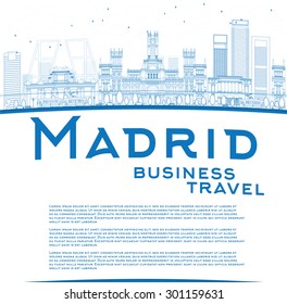Outline Madrid Skyline with blue buildings and copy space. Business travel and tourism concept with historic buildings. Image for presentation, banner, placard and web site. Vector illustration