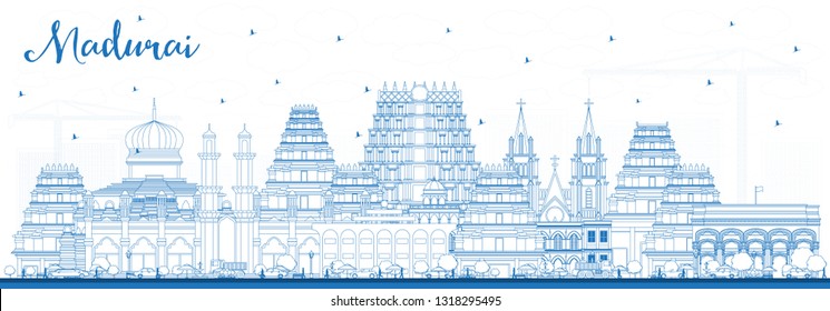Outline Madurai India City Skyline with Blue Buildings. Vector Illustration. Business Travel and Concept with Historic Architecture. Madurai Cityscape with Landmarks.