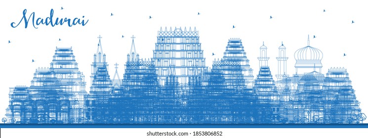 Outline Madurai India City Skyline with Blue Buildings. Vector Illustration. Business Travel and Tourism Concept with Historic Architecture. Madurai Cityscape with Landmarks.