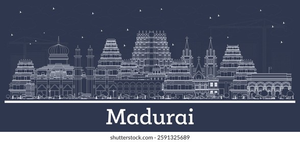 Outline Madurai India City Skyline with white Buildings. Vector Illustration. Business Travel and Concept with Historic Architecture. Madurai Cityscape with Landmarks.