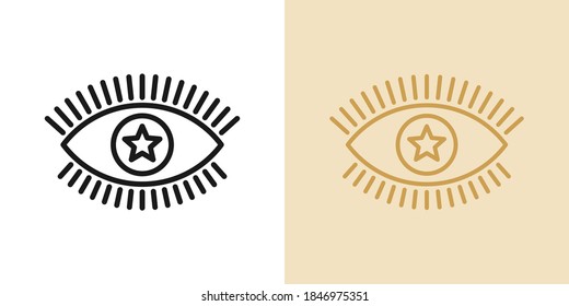 Outline magic eye icon with editable stroke. Linear eye sign with star iris, spiritual vision. Mystic sight, divinity providence, foresight. Vector icon, sign, symbol for UI and Animation