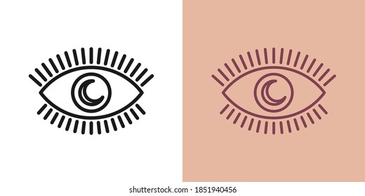 Outline magic eye icon with editable stroke. Linear eye with crescent iris, sweet dream. Night dream, magic sleep, eye with moon. Vector icon, sign, symbol for UI and Animation