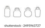 Outline magic glass vessels with corks. Empty flask, container, bottle, jar. Spiritual wizard witchcraft potion. Halloween concept. Line art. Black and white vector isolated on white.  