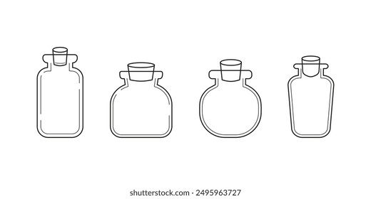 Outline magic glass vessels with corks. Empty flask, container, bottle, jar. Spiritual wizard witchcraft potion. Halloween concept. Line art. Black and white vector isolated on white.  