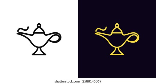 Outline magic lamp icon, with editable stroke. Magic genie lamp for wishes, arabian treasure. Eastern tale, genie treasure, golden oil lamp, arabic luxury, magical miracle, make wish. Vector icon