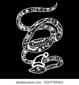 Outline magic snake with new years attributes in cartoon naive style isolated on black background. Vector design element for children baby room decor, textiles print, fabric, sticker, clip art. 