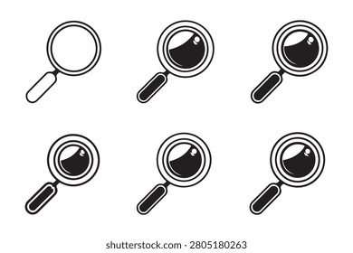 Outline magnifying glass icons featuring moon phase symbols in circular frames. Crisp monochrome design with clear separation. Useful for search UX themes, lunar astronomy graphics, and interface icon sets.