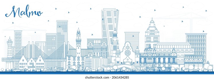 Outline Malmo Sweden City Skyline with Blue Buildings. Vector Illustration. Malmo Cityscape with Landmarks. Business Travel and Tourism Concept with Historic Architecture.