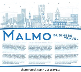 Outline Malmo Sweden City Skyline with Blue Buildings and Copy Space. Vector Illustration. Malmo Cityscape with Landmarks. Business Travel and Tourism Concept with Historic Architecture.