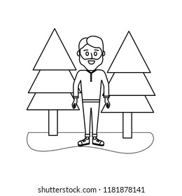 outline man with beard and clothes with pine trees
