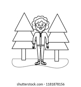 outline man curly hair and pine trees