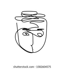 Outline man Face drawn by a continuous line isolated on a white background. Line art portrait of a man with curly hair and eyebrows. Minimalist graphic vector illustration of a character young man