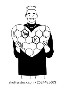 Contornar o homem segurando elementos químicos, magnésio e potássio. Ilustração vetorial