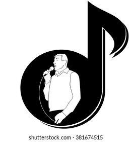 Outline of a man with a microphone on the background of musical notes. The illustration on a white background.