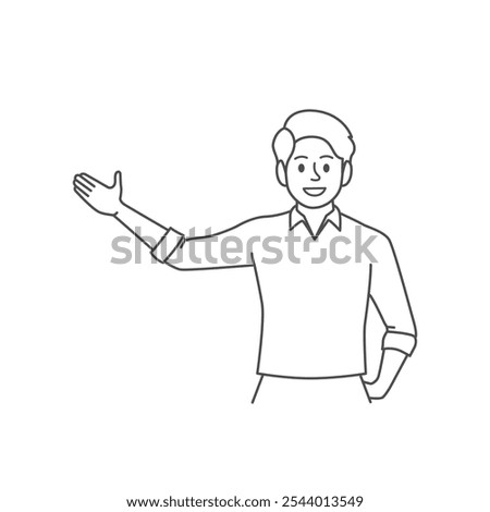 outline of a man pointing hand to something empty space flat vector illustration