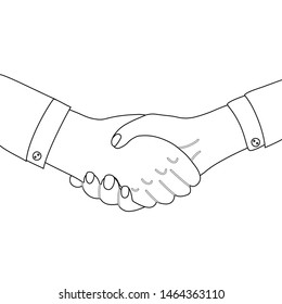 Outline man shaking hands. Line art businessman making a deal. International Friendship Day. Vector black and white illustration for articles, postcards and your design.