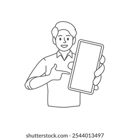 Outline of a man showing finger pointed to blank phone screen vector illustration