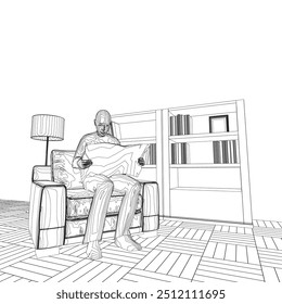 Outline of man sitting in armchair and reading newspaper in room with lamp and bookcase with books made of black lines isolated on white background. Vector illustration.