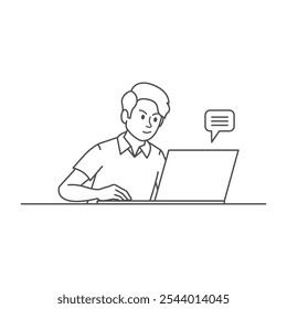 outline of a man sitting in desk working on office with laptop vector illustration