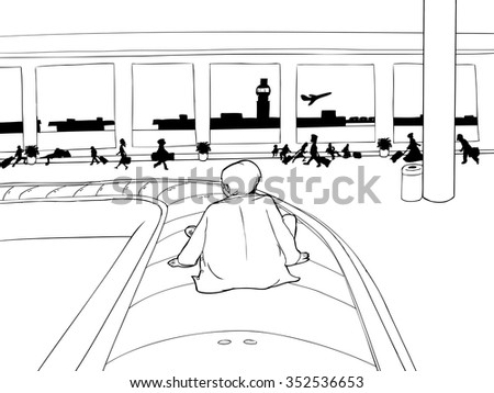 Outline of man sitting on baggage claim carousel inside airport
