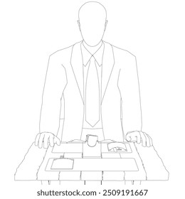 Outline of a man in a suit with a tie sitting at a table. First person view. Vector illustration.