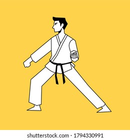 Outline man training karate moves icon. Martial art character vector illustration