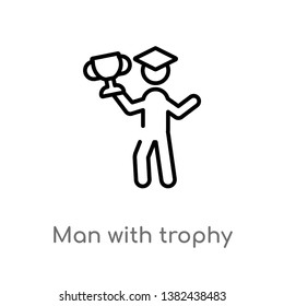 outline man with trophy vector icon. isolated black simple line element illustration from education concept. editable vector stroke man with trophy icon on white background