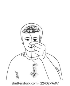 Esbozo de un hombre entendiendo y manejando su concepto de estrés o depresión, salud mental.