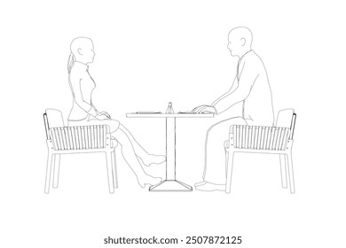 Outline of man and woman sitting on chairs opposite each other at the table. Job interview. Side view. Vector illustration.