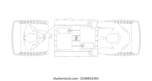 Outline of man and woman sitting on chairs opposite each other at the table. Job interview. Top view. Vector illustration.