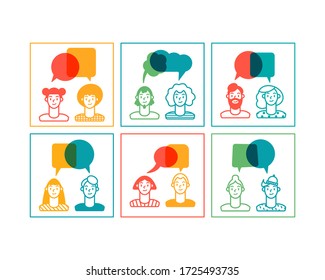 Outline Man And Woman Speaking. Conversation, Compromise Concept. Abstract Dialogue. Layered Speech Bubbles. Colored Vector Set Of Isolated Illustrations. Simple, Minimal Design. Logo, Icon Template 