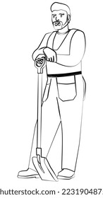 Outline of man in work overalls stands leaning on shovel, isolated on white. Vector design element.