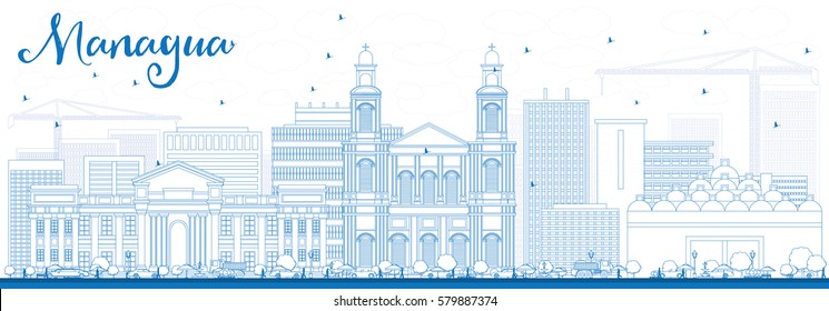 Outline Managua Skyline with Blue Buildings. Vector Illustration. Business Travel and Tourism Concept with Modern Architecture. Image for Presentation Banner Placard and Web Site.