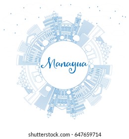 Outline Managua Skyline with Blue Buildings and Copy Space. Vector Illustration. Business Travel and Tourism Concept with Modern Architecture. Image for Presentation Banner Placard and Web Site.