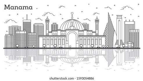 Outline Manama Bahrain City Skyline with Modern Buildings and Reflections Isolated on White. Vector Illustration. Manama Cityscape with Landmarks. 
