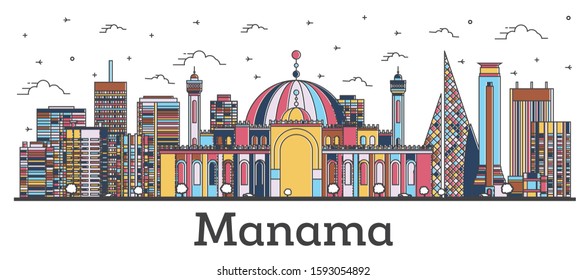 Outline Manama Bahrain City Skyline with Color Buildings Isolated on White. Vector Illustration. Manama Cityscape with Landmarks. 